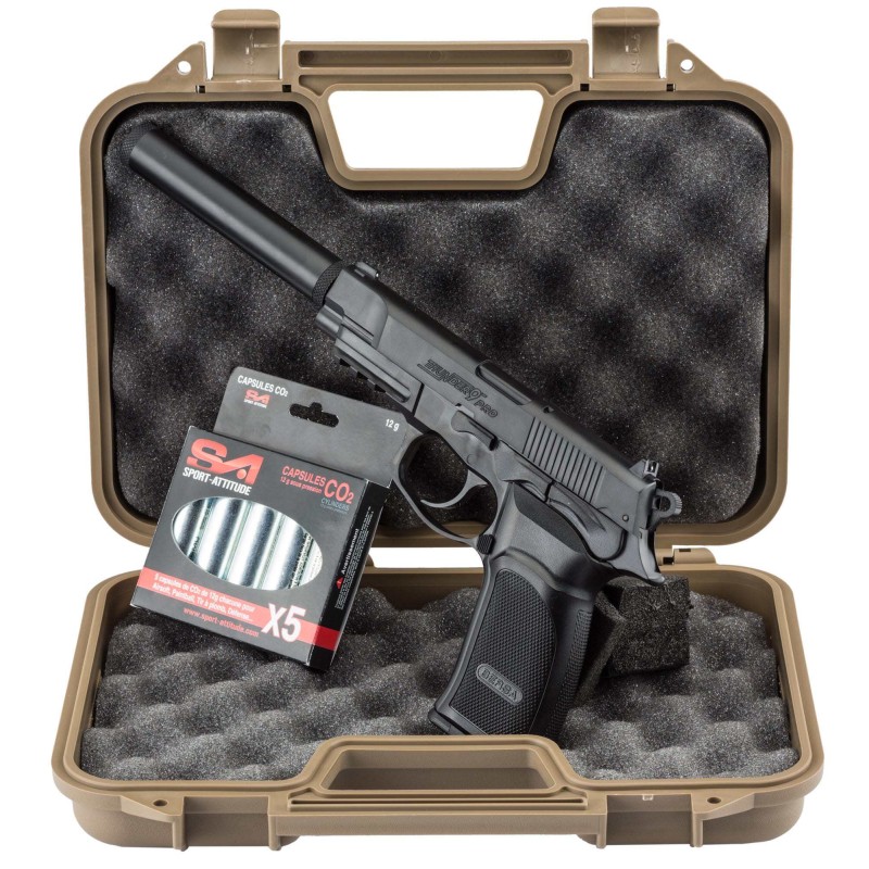 Pack airsoft Bersa Thunder 9 CO2 + mallette + 5 cartouches de CO2 + silencieux